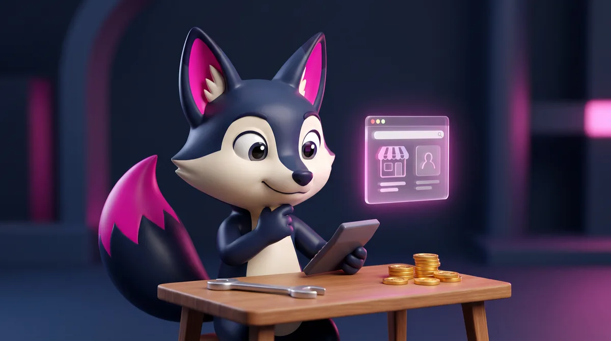 Finn, der Fuchs von BuI Hinsche, mit Werkzeug und Tablet vor einem Onlineshop